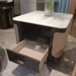 Curved Marble-Top SideTable with Woven Leather Sides, Open Shelf and Single Drawer